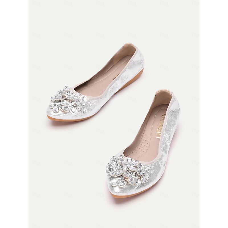 Women's Silver Foldable Flats with Rhinestone Embellishments - Comfortable, Lightweight Shoes for Travel, Parties, and Special Occasions4