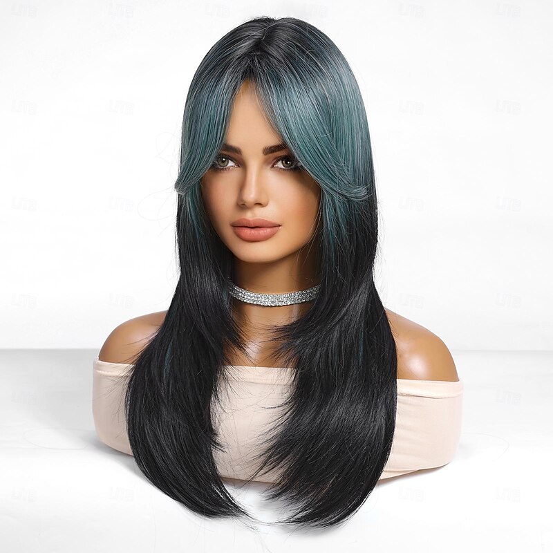 Synthetic Wig Uniforms Career Costumes Princess Straight kinky Straight Middle Part Layered Haircut Machine Made Wig 22 inch Black / Dark Green Synthetic Hair Women's Cosplay Party Fashion Natural2