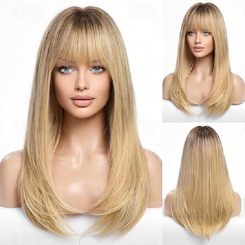 Long Ombre Blonde Wigs for Women Straight Synthetic Layered Wig with Bangs Halloween Cosplay Party Wigs