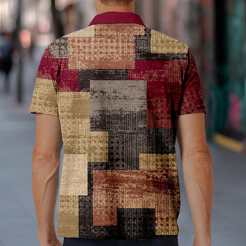 Men's Plaid Polo Shirts Golf Shirt Short Sleeve Polo Shirts Collared Shirts Vintage Vacation Wear Formal Wear Festival Wear Buttons 3D Print Spring & Summer Wine Red Blue4