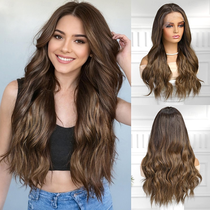 Synthetic Lace Wig Curly Style 26 inch Brown / Blonde Middle Part 13x6 Lace Front Wig All Wig Dark Brown