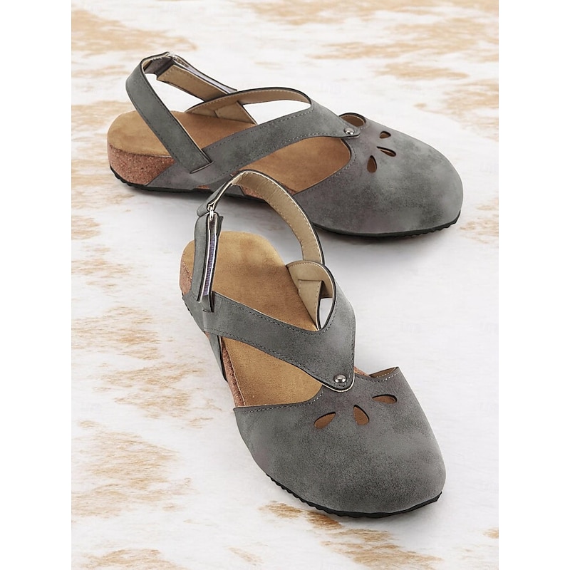 Women's Vintage-Style Gray Suede Sandals with Cut-Out Design and Cork Sole - Comfortable and Stylish for Summer Wear