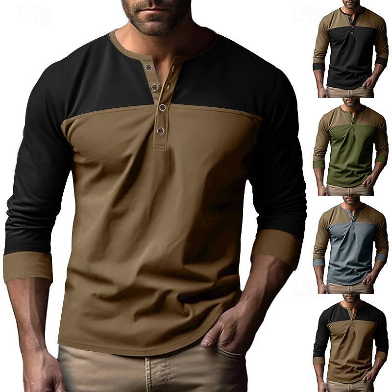 Men's Button T Shirt T Shirt Henley Shirt Tee Long Sleeve Henley Spring &  Fall Color Block Fashion Designer Basic Patchwork Vacation Street Going out Black Brown Army Green Top Tee for Men