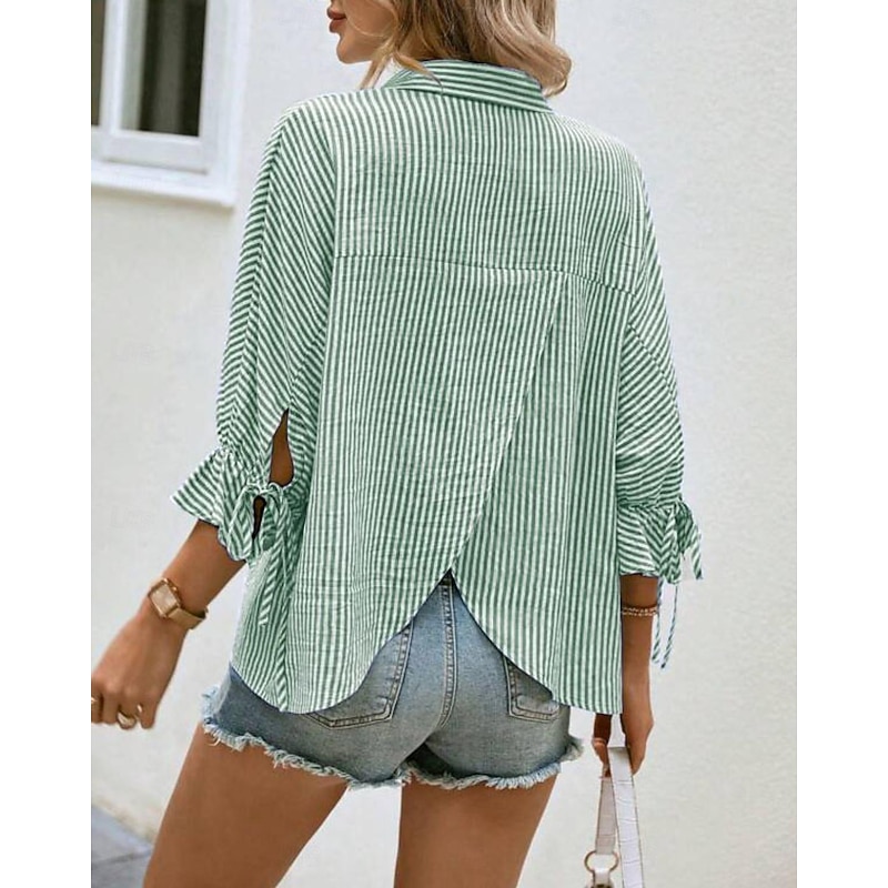 Women's Shirt Striped Elegant Modern 3/4 Length Sleeve Ruffle Sleeve Shirt Collar Work Asymmetric Blue Green Summer Spring Fall4