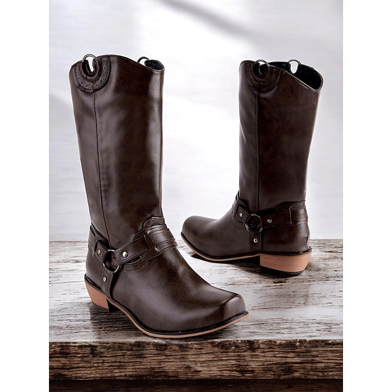 Women's Brown Faux Leather Western Cowboy Boots with Ring Harness - Durable and Stylish for Outdoor and Casual Wear4