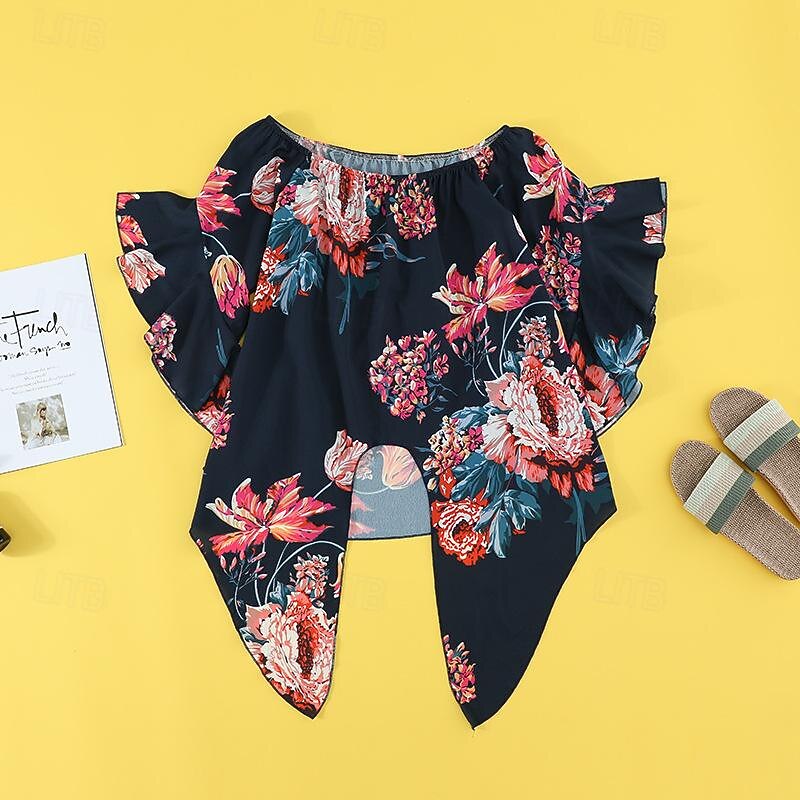 Women's Shirt Blouse Floral Striped Casual Half Sleeve Off Shoulder Regular Tops Vacation Daily Lace up Print Blue Spring & Summer2