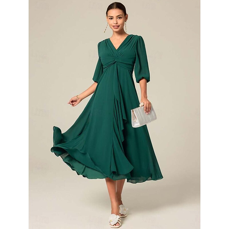 Women's Midi Dress Green Solid Color V-Neck Half Sleeve Ruffled Sophisticated Chic Zip-Back Summer Semi-Formal Wedding Party Evening Elegant Flowy Lightweight Apparel