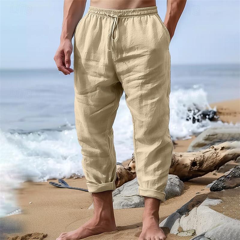Men's Linen Pants Trousers Summer Pants Beach Pants Pocket Drawstring Elastic Waist Plain Comfort Breathable Outdoor Daily Stylish Hip Hop White Blue3
