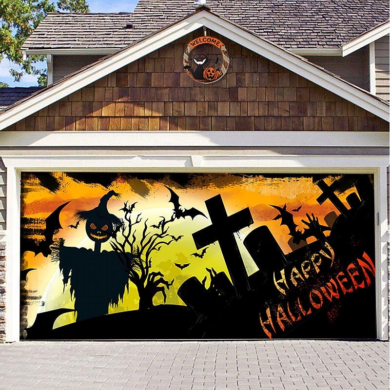 Halloween Door Decorations Halloween Garage Door Cover Pumpkins Jack O Lantern Outdoor Banner Ghost Bats Large Backdrop Decoration for Holiday Out door Decorations Door Home Wall Decorations 21