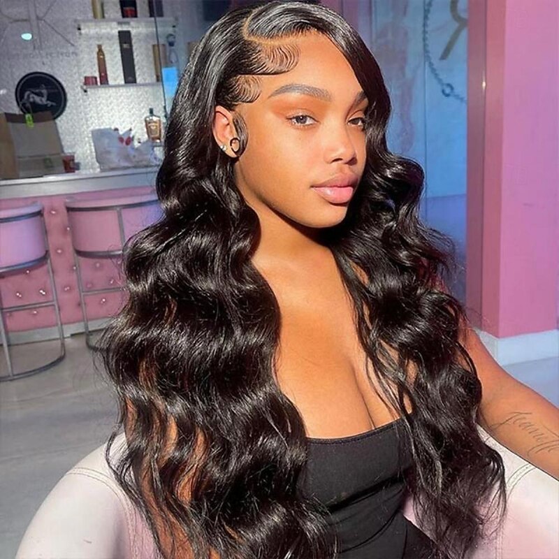 Body Wave Lace Front Wigs Human Hair Pre Plucked Bleached Knots 180% Density 13x4 HD Transparent Lace Wigs Human Hair Body Wave Human Hair Wigs Long Black Wig Natural Color
