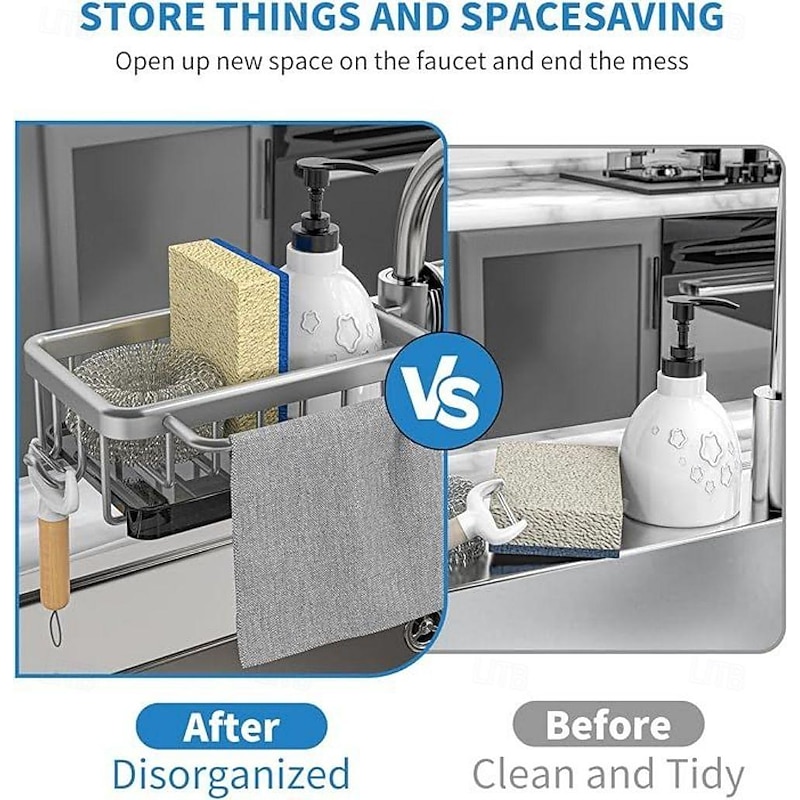 Kitchen Sink Faucet Organizer,Rustproof Aluminum Holder for Sponge, Soap, Brush, Space-Saving Design with Drip Tray, Easy Installation2