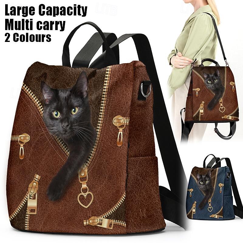 Large Capacity Black Cat Animal Print Multi-Carry Backpack - Durable and Spacious School Bag with Adjustable Straps, Available in Two Colors