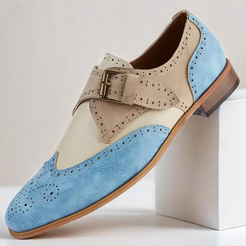 Men's Vintage-Style Two-Tone Suede and Leather Oxford Shoes with Brogue Detailing and Buckle Strap - Perfect for Formal and Semi-Formal Occasions