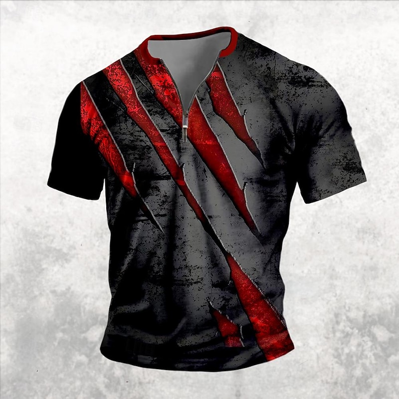 Halloween Men's Gothic Horror Scratches T Shirt Short Sleeve T shirt 3D Print Half Zip Shirt Retro Vintage Street Casual Daily Black Summer Spring Clothing Apparel S M L XL XXL XXXL