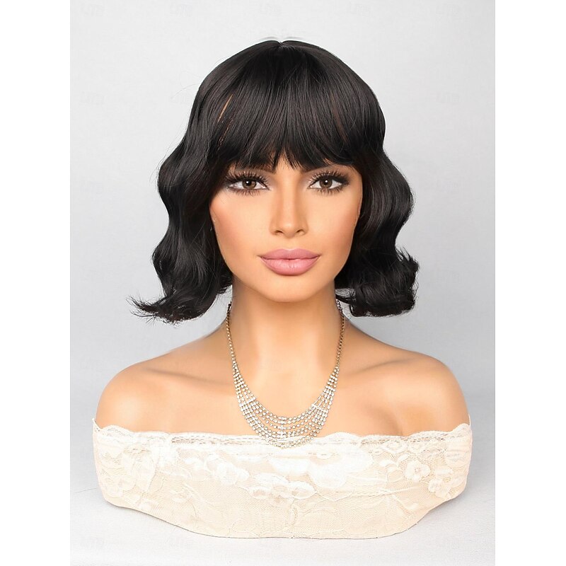 Synthetic Wig Bouncy Curl Short Bob Neat Bang Wig 12 inch Black Synthetic Hair Women Black2