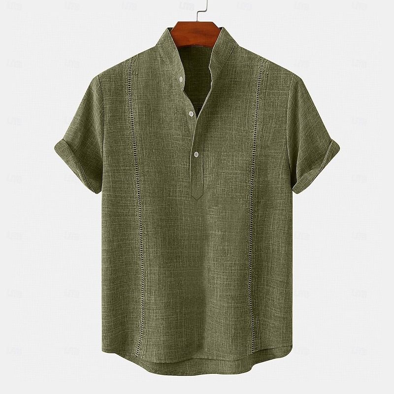 Men's Shirt Linen Shirt Guayabera Shirt Summer Shirt Beach Wear Solid Color Casual Daily White Royal Blue Green Khaki Short Sleeve Band Collar Summer Spring Clothing Apparel2