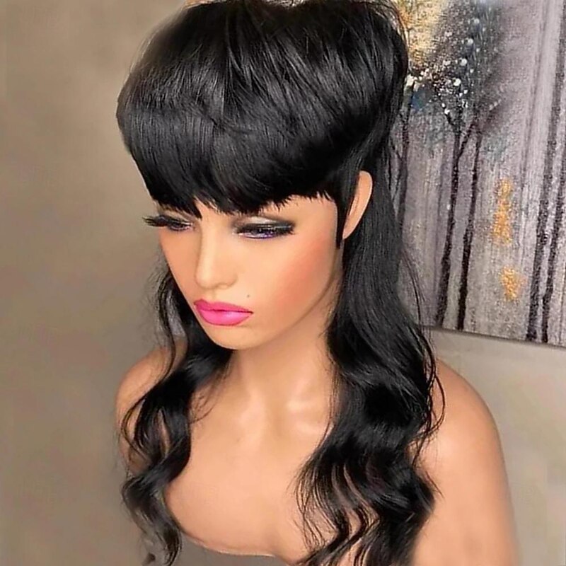 Human Hair Body Wave Dovetail Wig Short Pixie Cut Wigs Glueless Brazilian Human Hair Wigs For Women Black Full Machine Made Wig With Bangs2