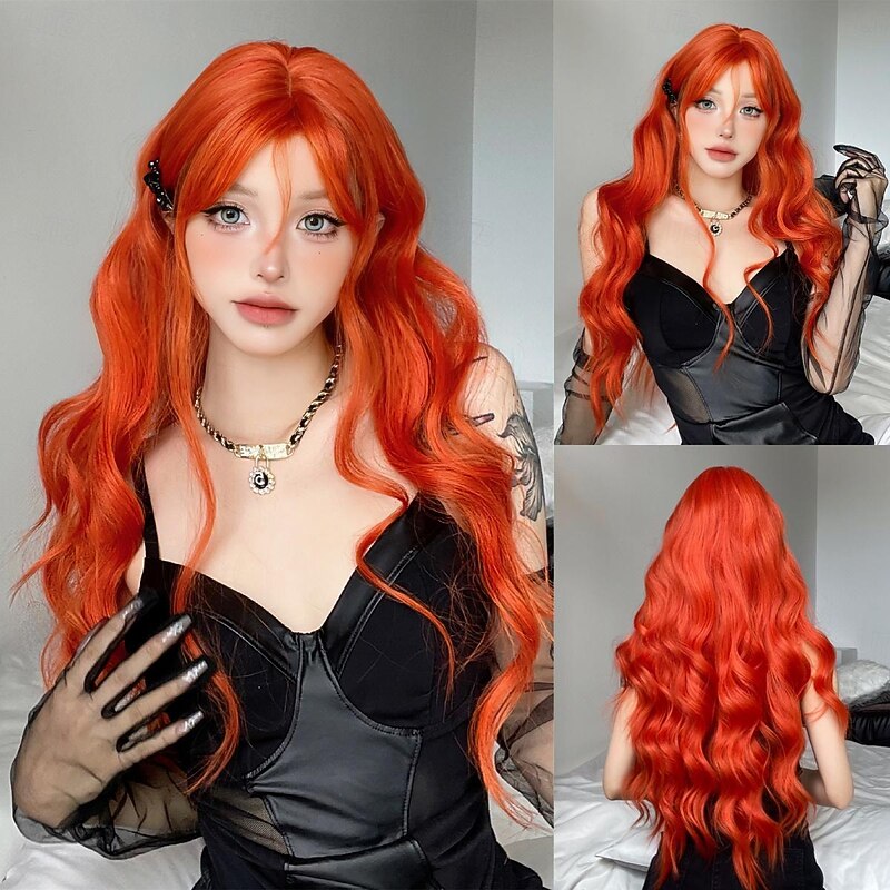 Synthetic Wig Uniforms Career Costumes Princess Straight kinky Straight Middle Part Layered Haircut Machine Made Wig 26 inch Bleached Blonde Synthetic Hair Women's Cosplay Party Fashion Orange