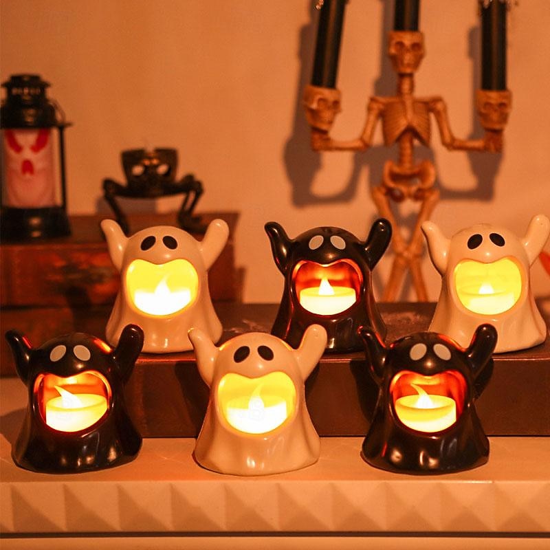 Halloween Ceramic Candle Light, Lighted Ghost Room Decor Holder Decorations Spooky Ghost Light Atmosphere Decor Props Ghost LED Electronic Candle Light Black and White Ghost Night Lamp 3/6/12PCS2