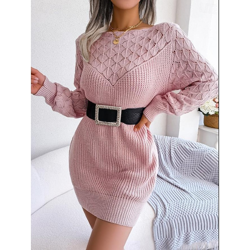 Women's Sweater Dress Mini Dress Elegant Stylish Plain Daily Crew Neck Long Sleeve 2023 Loose Fit White Pink Blue S M L4