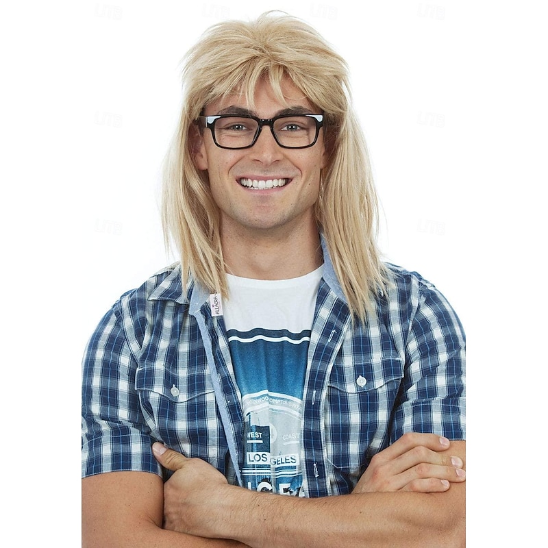Garth Wig 90s Guitar Rocker Blonde Mullet Wig Mens 80s Punk Heavy Metal Blonde Mullet Wigs Compatible Garth Wig  for Carnival Halloween Wigs2