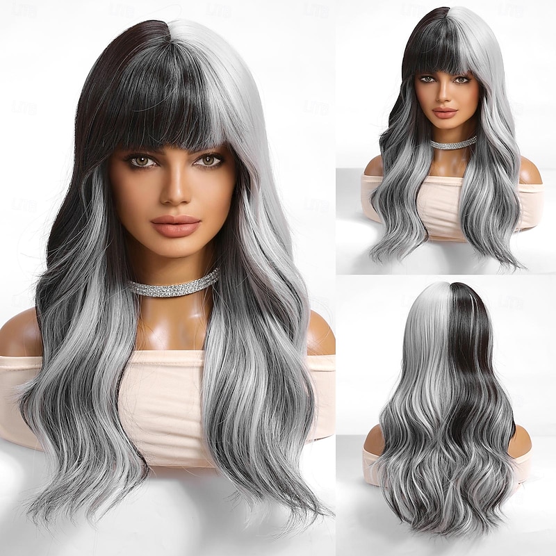 Synthetic Wig Uniforms Career Costumes Princess Curly Wavy Middle Part Layered Haircut Machine Made Wig 26 inch Black-white Synthetic Hair Women's Cosplay Party Fashion Natural Black