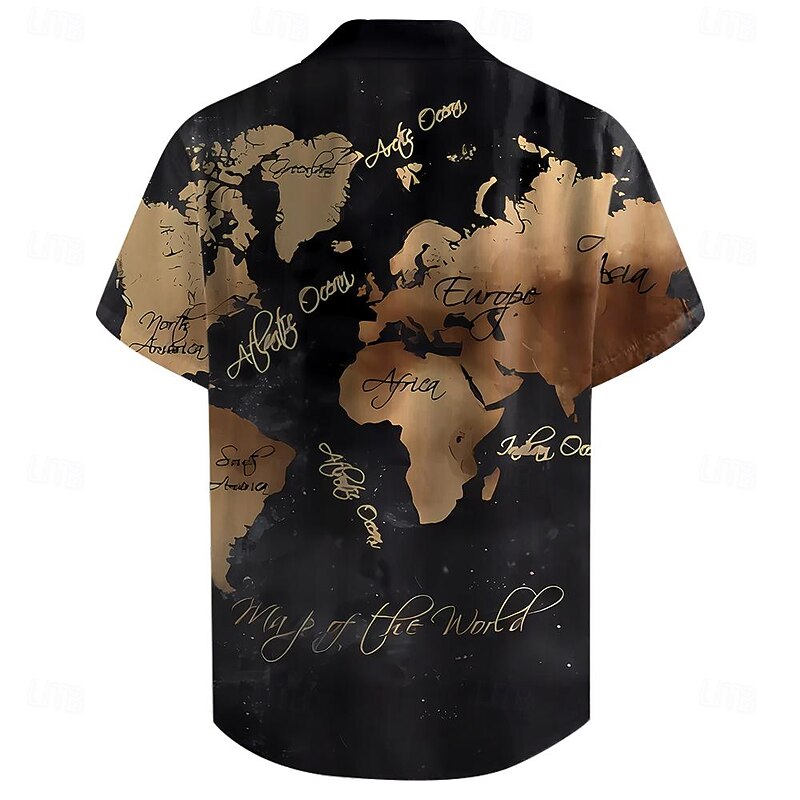 Men's World Map Shirt Button Up Shirt Short Sleeve Vintage Casual Daily Holiday Summer Turndown Button Up 3D Print Black2