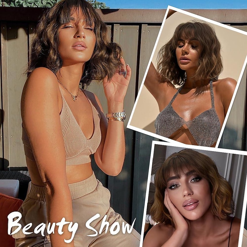 Brown to Auburn Wigs With Bangs Short Wavy Bob Wig for Women Synthetic Short Curly Wave Wigs Heat Resistant Fiber Hair Wigs for Daily2