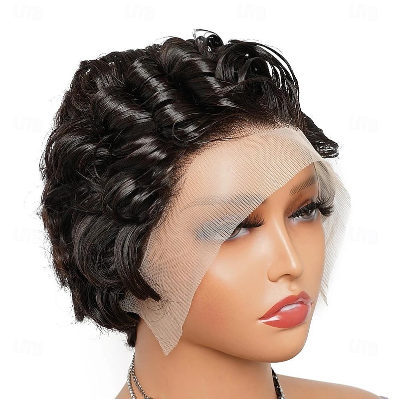 Pixie Curly Wigs 13*4 Lace Frontal Human Hair Wig Black Color Indian Hair Short Bouncy Curly Side Part Front Lace2