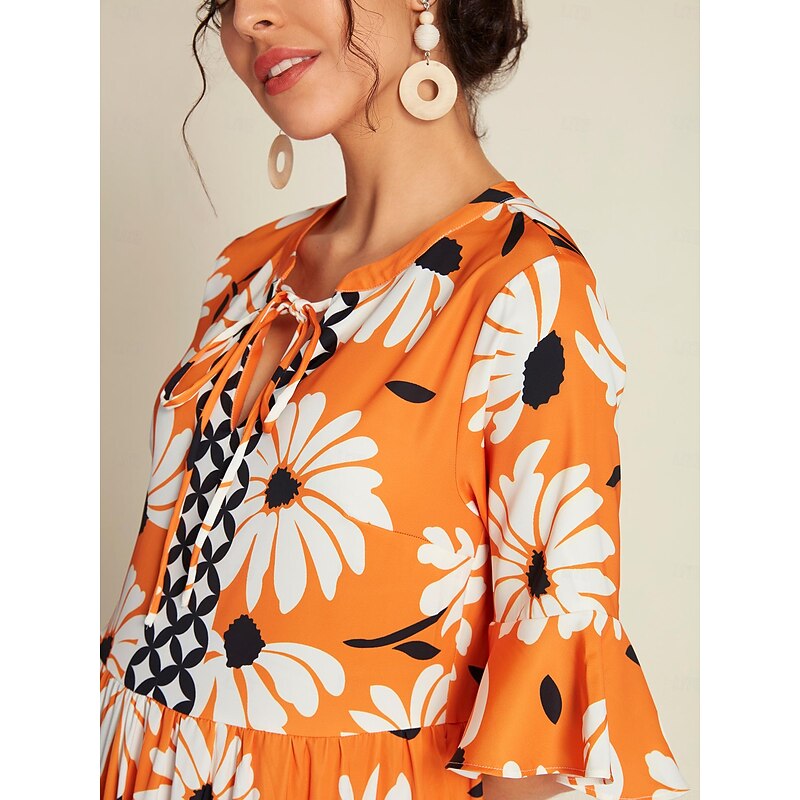 Satin Geometric Mid Waist 3/4 Length Sleeve Standing Collar V Neck Maxi Dress3