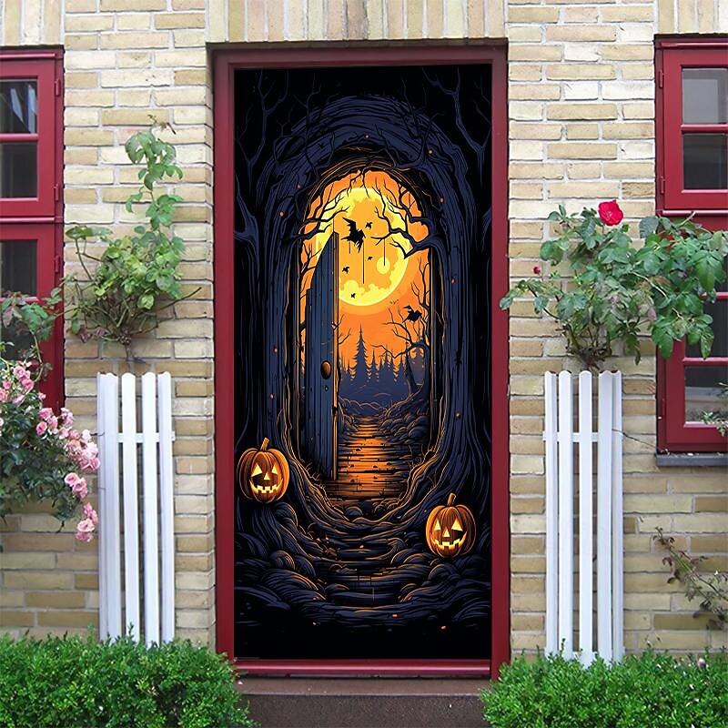 Halloween Door Decorations Halloween Door Covers Door Tapestry Pumpkins Forest Door Curtain Decoration Backdrop Door Banner for Front Door Farmhouse Holiday Party Decor Supplies 16