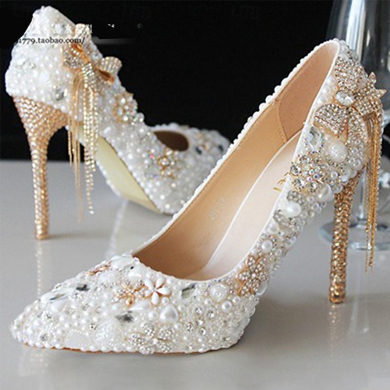 Elegant White Rhinestone and Pearl Bridal Heels for Women – Wedding Shoes with Crystal-Embellished Stiletto and Bow Detail