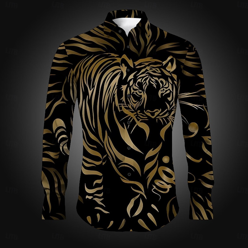 Men's Tiger Button Up Shirt Printed Shirts Long Sleeve Casual Party Daily Holiday Fall Winter Spring & Summer Turndown Buttons Print Blue Purple Gold Gray