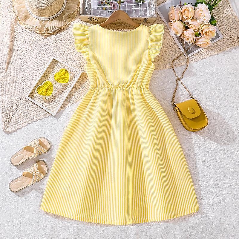 Girls' 3D Striped Dress Ruffle Dress Sleeveless Summer Vacation Daily Holiday Princess Beautiful Sweet Kids 4-12 Years Casual Dress A Line Dress Knee-length Regular Fit2