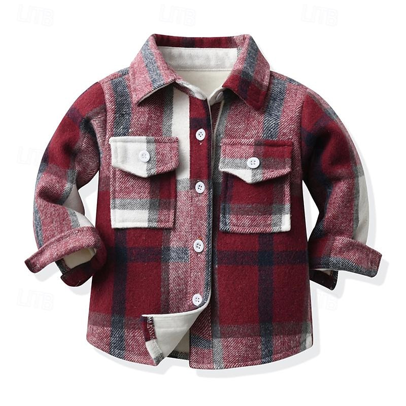 Boys 3D Plaid Shirts Long Sleeve Fall Winter Fashion Basic Kids 4-12 Years Lapel Outdoor Casual Daily Regular Fit4