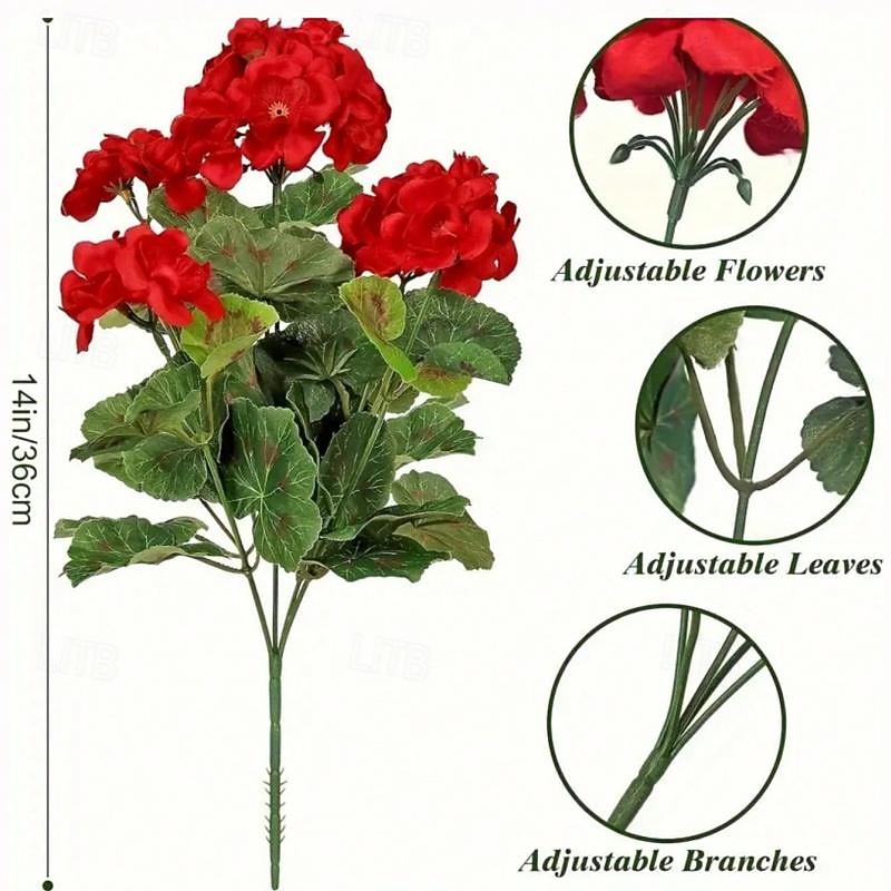 Artificial Red Geranium Silk Flowers Outdoor Plant Bush 2 Bundles Faux Flowers Geraniums for Outdoors Floral Home Decor Indoor Garden Patio Vase Grave Cemetary Table Centerpieces Decor2