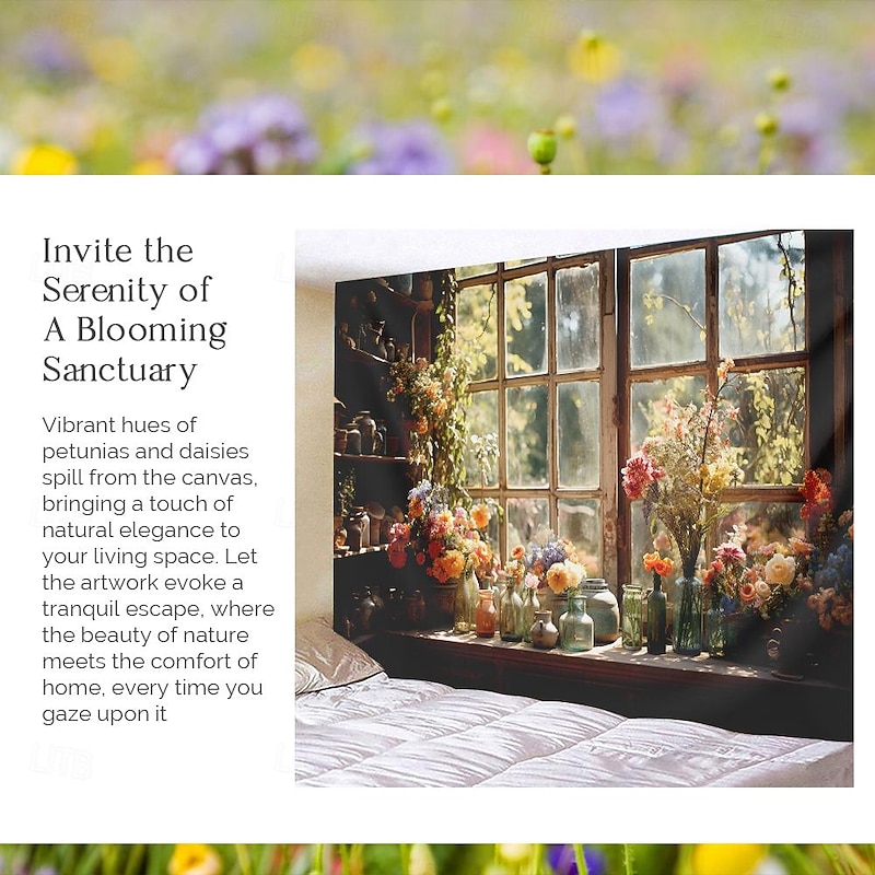 Flowers on Window Wall Hanging Tapestry Wall Art Large Tapestry Mural Decor Photograph Backdrop Blanket Curtain Home Bedroom Living Room Decoration4