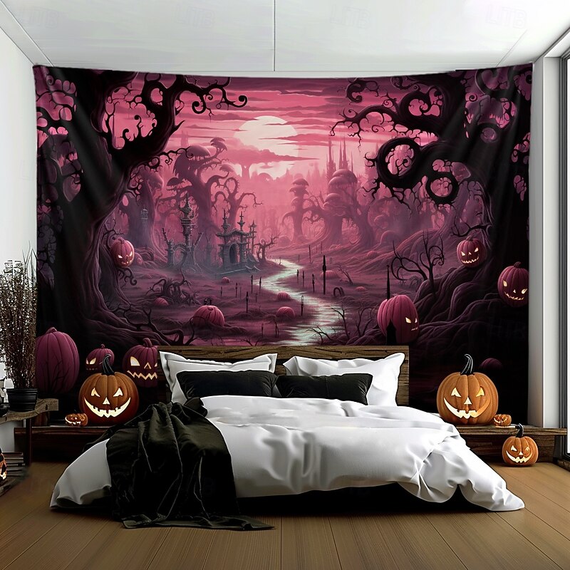 Pink Halloween Decorations Forest Hanging Tapestry Wall Art Large Tapestry Mural Decor Photograph Backdrop Blanket Curtain Home Bedroom Living Room Decoration3
