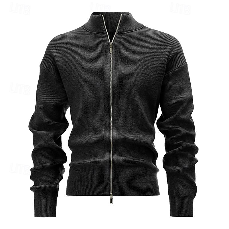 Men's Cropped  Sweater Cardigan Sweater Zip Sweater Knit Sweater Ribbed Knit Regular Solid Color Stand Collar Fashion Classic Daily Wear Date Clothing Apparel Fall & Winter Black Brown S M L