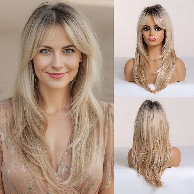 Ombre Blonde Brown Wine Red Wig with Bangs Natural Medium Length Straight Wigs for Women Heat Resistant Fiber Synthetic Wigs for Daily Cosplay Halloween Wigs