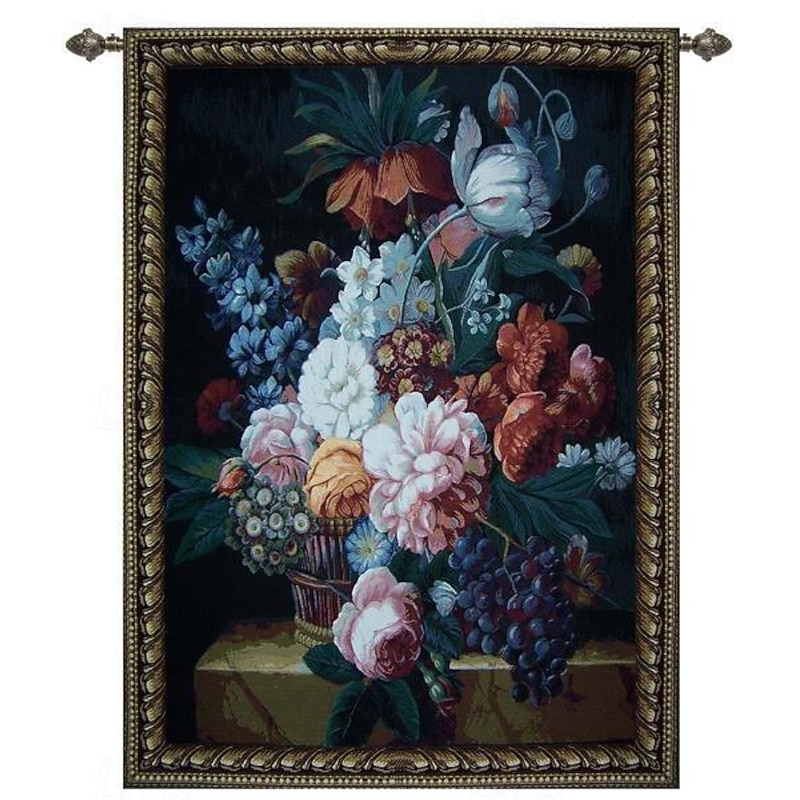 Jacquard Woven Tapestry Gobelin Aubusson Wall Art Hanging Aubusson Loom Cotton Weave Large Tapestry Reproduction Baroque Rococo Flowers (without tassels and rod)2