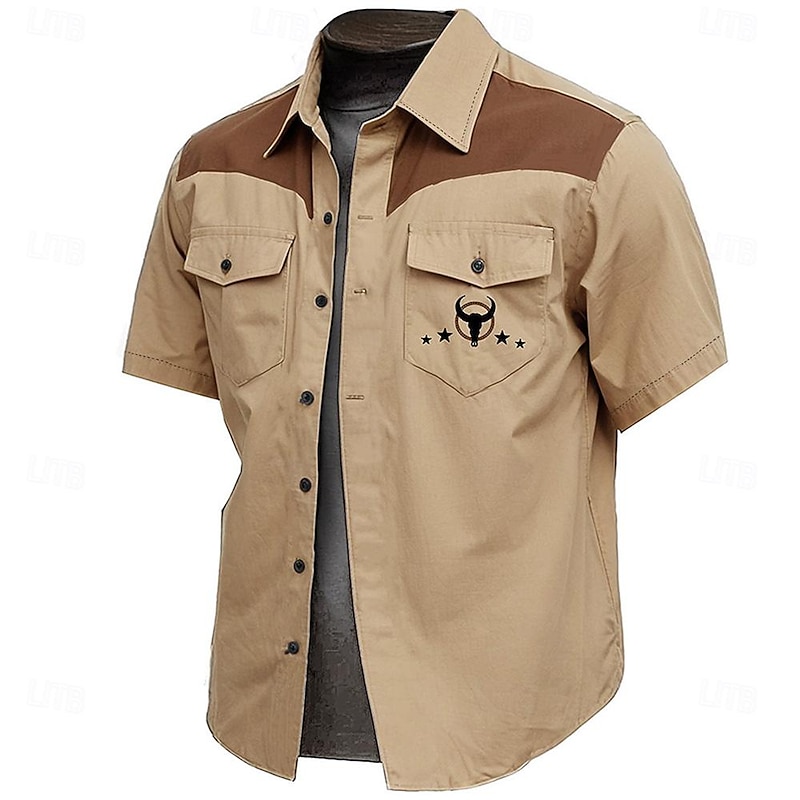 Men's Cow Print Work Shirt Western Shirt Cargo Shirt Short Sleeve Vintage Casual Western Style Sports & Outdoor Going out Summer Spring Turndown Print Brown Green Khaki