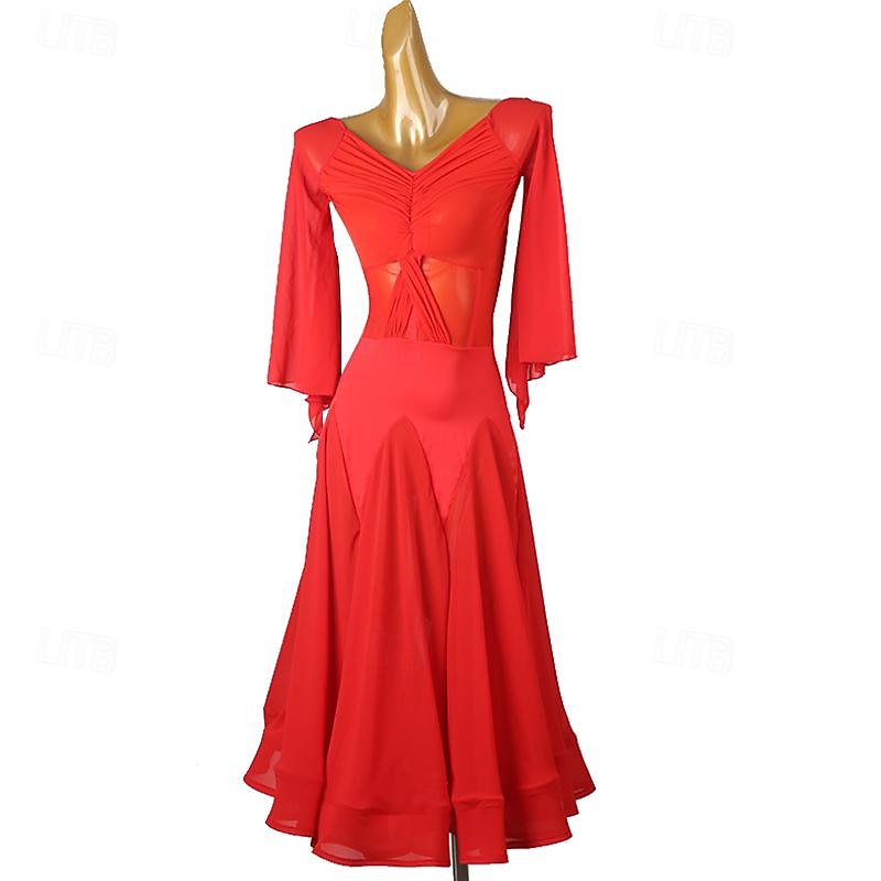 Ballroom Dance Dress Splicing Women's Performance Party Long Sleeve Chiffon Mesh Spandex4