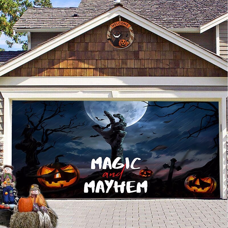 Halloween Door Decorations Halloween Garage Door Cover Pumpkins Jack O Lantern Outdoor Banner Ghost Bats Large Backdrop Decoration for Holiday Out door Decorations Door Home Wall Decorations 15