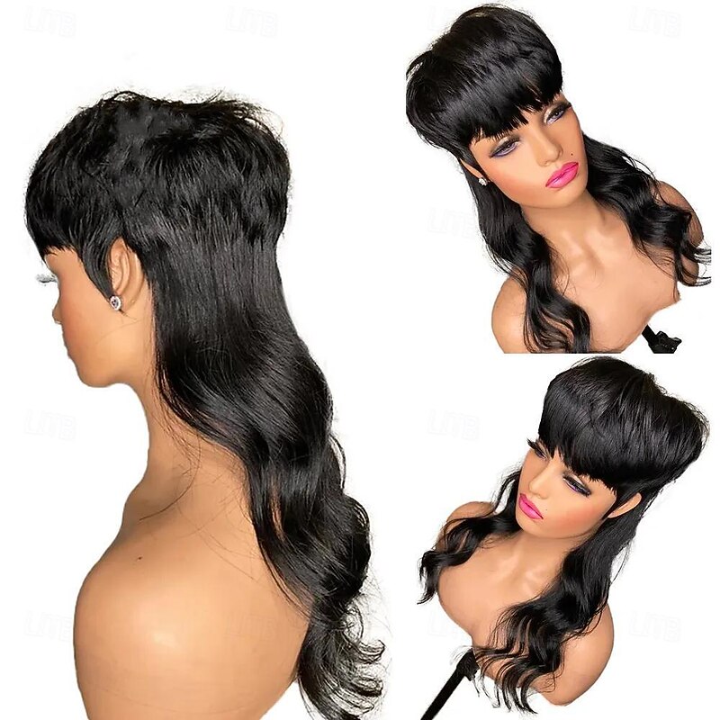 Human Hair Body Wave Dovetail Wig Short Pixie Cut Wigs Glueless Brazilian Human Hair Wigs For Women Black Full Machine Made Wig With Bangs3
