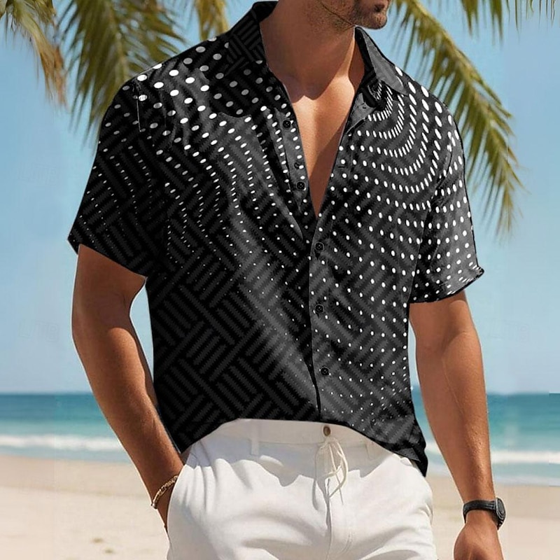 Men's Geometric Gradient Geometric Pattern Button Up Shirt Printed Shirts Short Sleeve Casual Vacation Home Daily Summer Turndown Print Button-Down Black White4