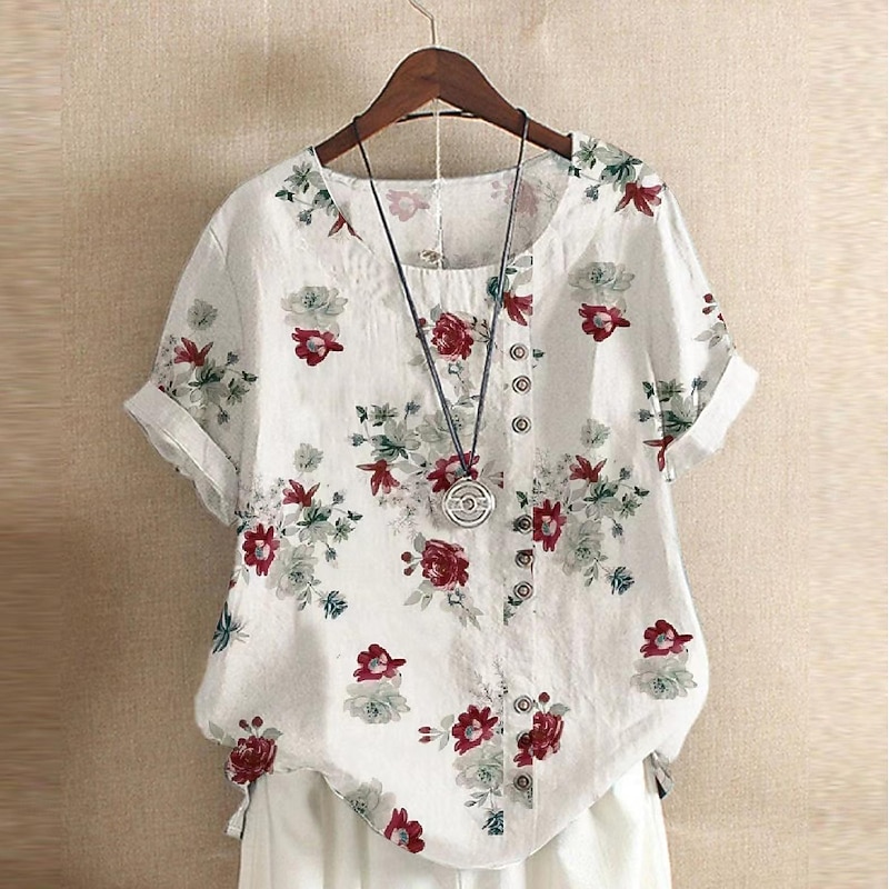 Women's Shirt Blouse Cotton Linen Shirts Floral Casual Short Sleeve Crew Neck Regular Tops Vacation Daily Buttons Print White Summer