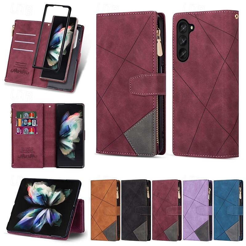 Phone Case For Samsung Galaxy Z Fold 7 Z Fold 6 Z Fold 5 Z Fold 4 Z Fold 3 Wallet Case Magnetic Zipper with Wrist Strap Retro Geometric Pattern PC PU Leather