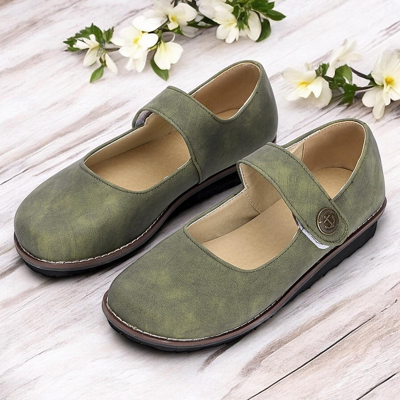 Green Women's Vintage Mary Jane Flats - Comfortable and Versatile Casual Shoes for Everyday Wear and Walking