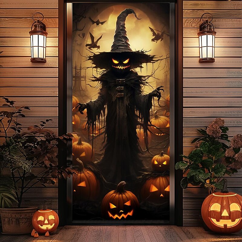 Halloween Door Decorations Halloween Door Covers Jack O Lantern Pumpkin Door Tapestry Door Curtain Decoration Backdrop Door Banner for Front Door Farmhouse Holiday Party Decor Supplies Scarecrow